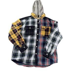 American Eagle Outfitters Shirt Mens Large Hooded Flannel Patchwork Button Up